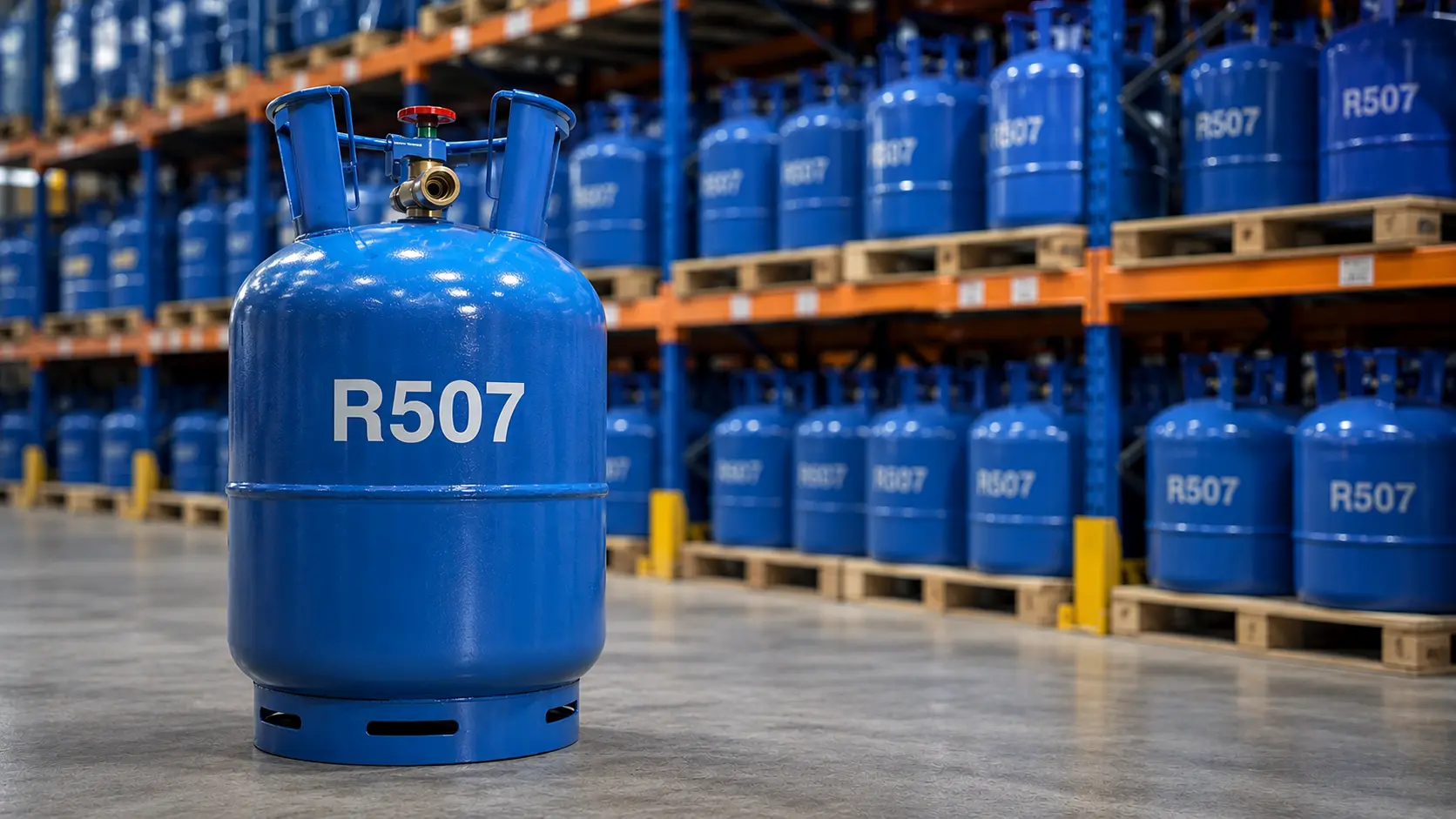 Cilindro azul de gas refrigerante R507 en primer plano dentro de una bodega con múltiples tanques organizados en estantes industriales.