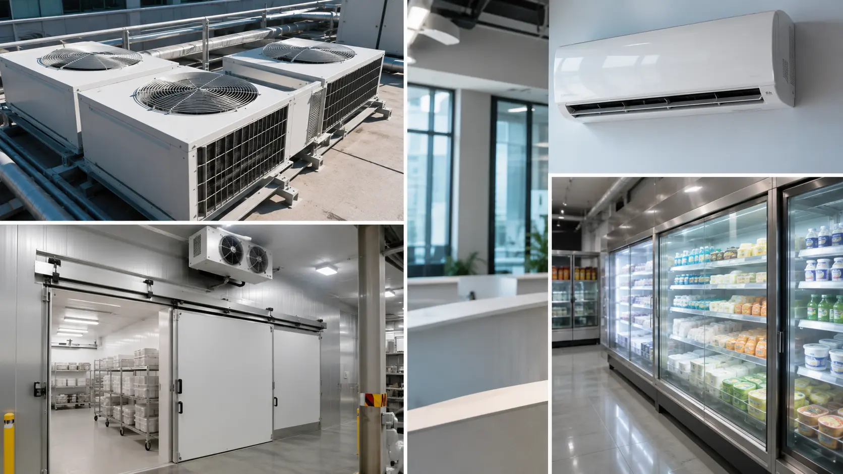 Collage de aplicaciones del gas refrigerante R22: unidades condensadoras de azotea, aire acondicionado split, cámara frigorífica industrial y vitrinas refrigeradas comerciales.