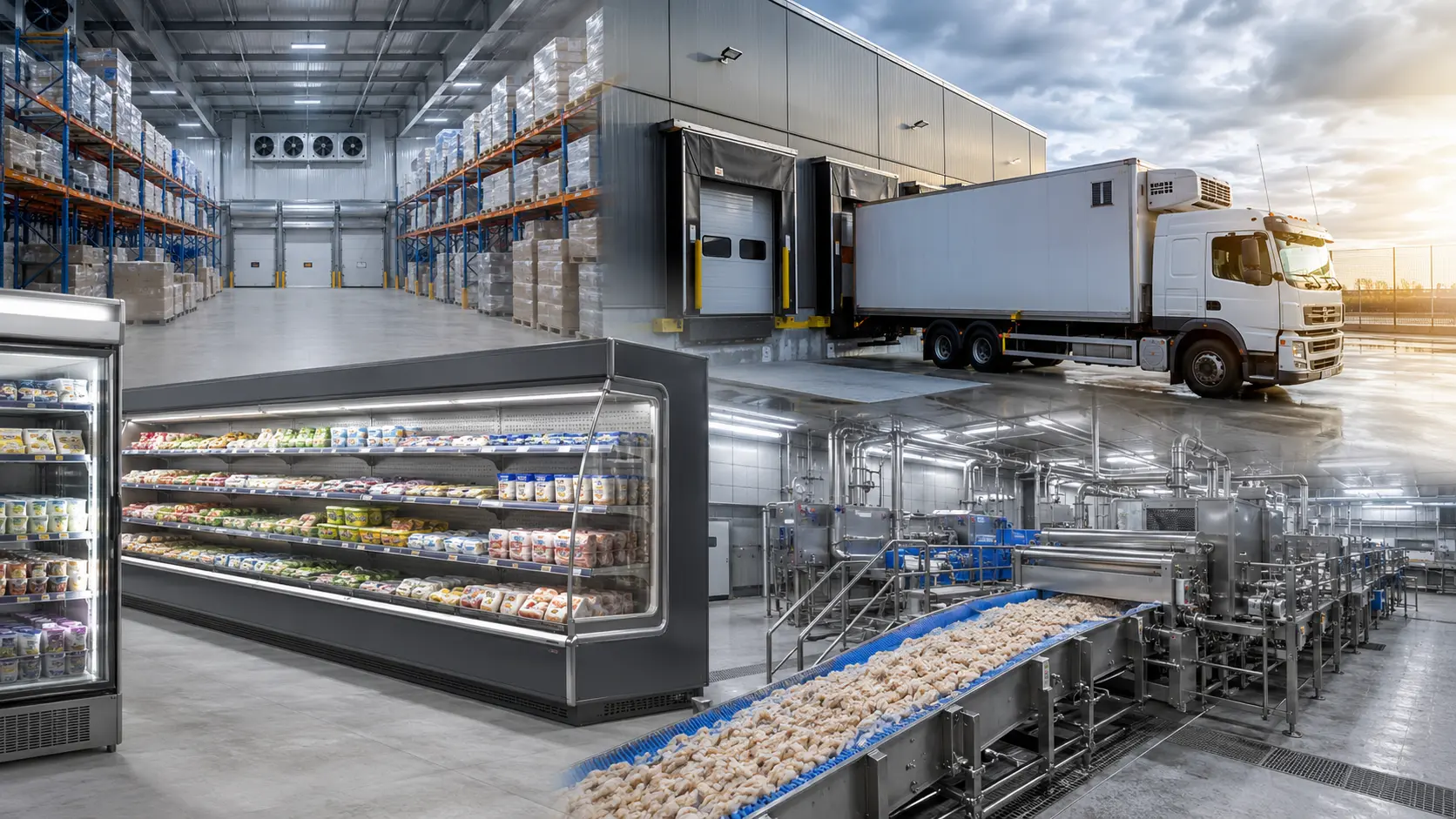 Collage de aplicaciones del gas refrigerante R507: bodega logística de congelación, camión refrigerado, vitrinas de supermercado y línea industrial de procesamiento de alimentos congelados.