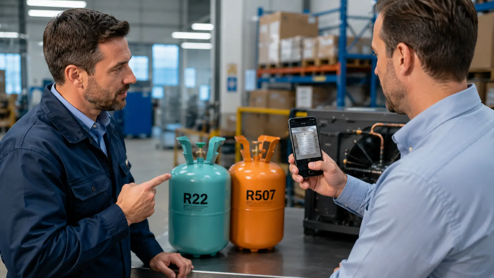 Técnico asesorando a un cliente junto a cilindros de gas refrigerante R22 y R507 mientras revisa la ficha técnica de un equipo con un teléfono móvil.