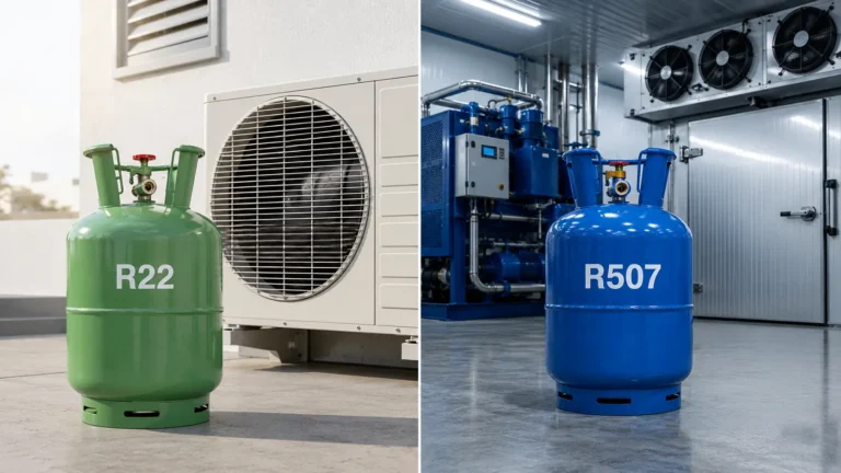 Comparativa visual entre un cilindro verde de gas refrigerante R22 junto a una unidad de aire acondicionado y un cilindro azul de gas refrigerante R507 junto a una cámara de frío industrial.
