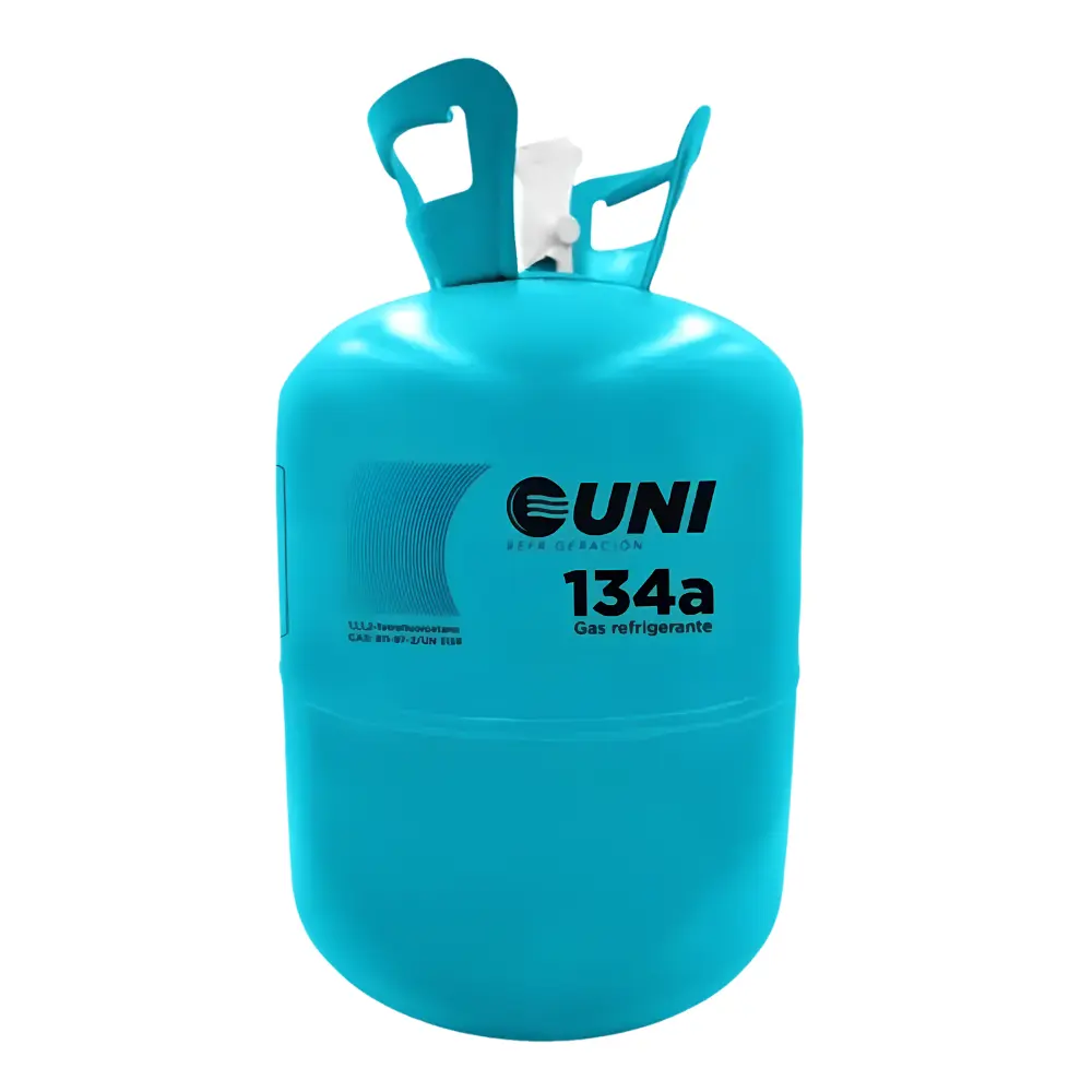 Cilindro de gas refrigerante 134a de la marca UNI Refrigeración en formato garrafa de color celeste sobre fondo blanco, mostrando la etiqueta frontal del producto industrial.