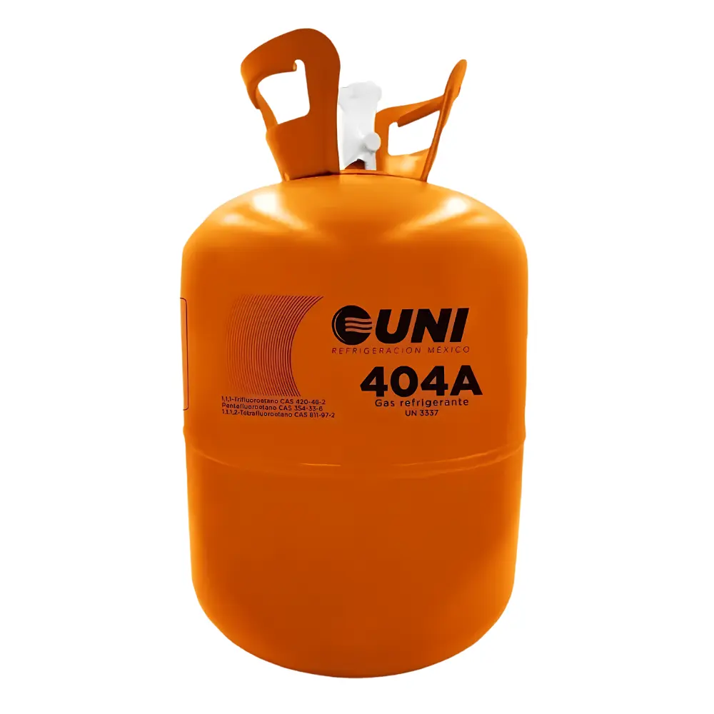 Cilindro de gas refrigerante 404A de la marca UNI Refrigeración en formato garrafa de color naranja sobre fondo blanco, mostrando la etiqueta frontal del producto industrial.