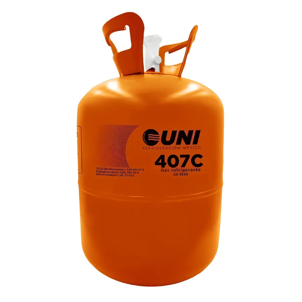 Cilindro de gas refrigerante 407C de la marca UNI Refrigeración en formato garrafa de color naranja sobre fondo blanco, mostrando la etiqueta frontal del producto industrial.