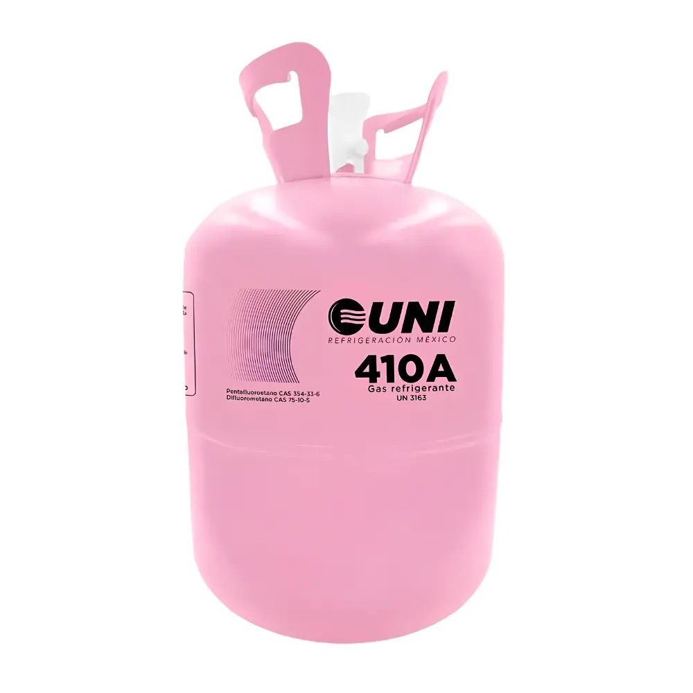 Cilindro de gas refrigerante 410A de la marca UNI Refrigeración en formato garrafa de color rosado sobre fondo blanco, mostrando la etiqueta frontal del producto industrial.