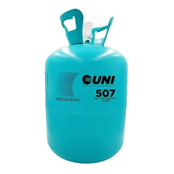 Cilindro de gas refrigerante 507 de la marca UNI Refrigeración en formato garrafa de color celeste sobre fondo blanco, mostrando la etiqueta frontal del producto industrial.