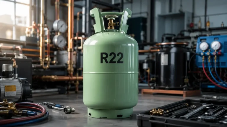 Cilindro de gas refrigerante R22 de color verde claro ubicado en una planta industrial con equipos de refrigeración y herramientas.