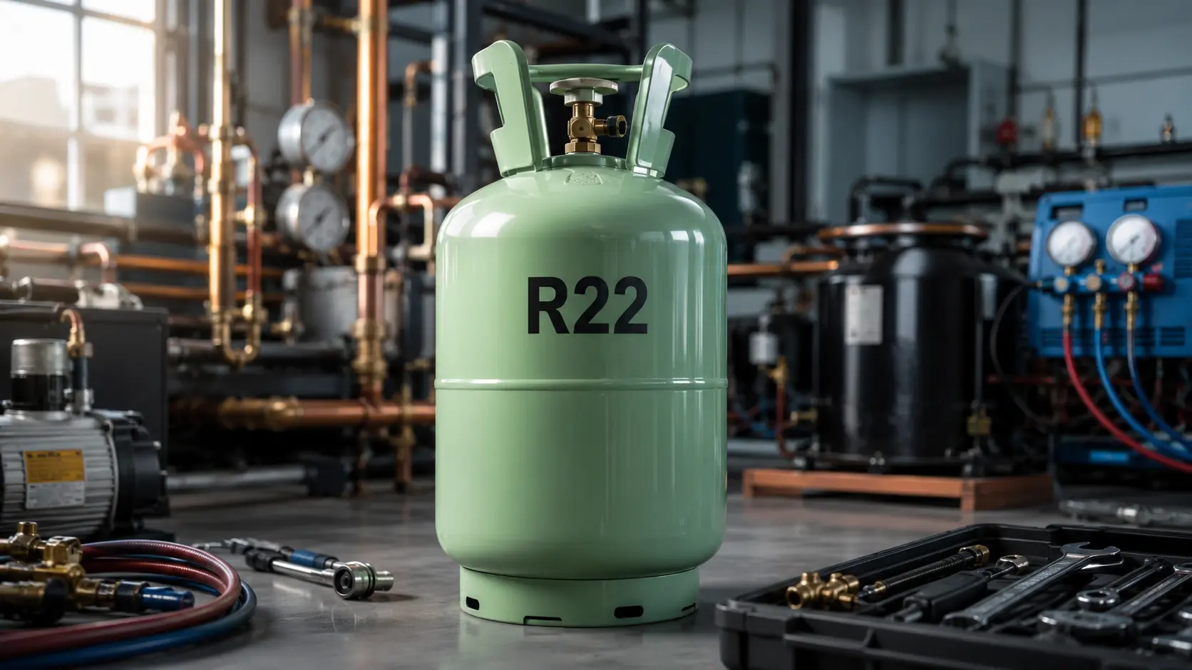 Cilindro de gas refrigerante R22 de color verde claro ubicado en una planta industrial con equipos de refrigeración y herramientas.
