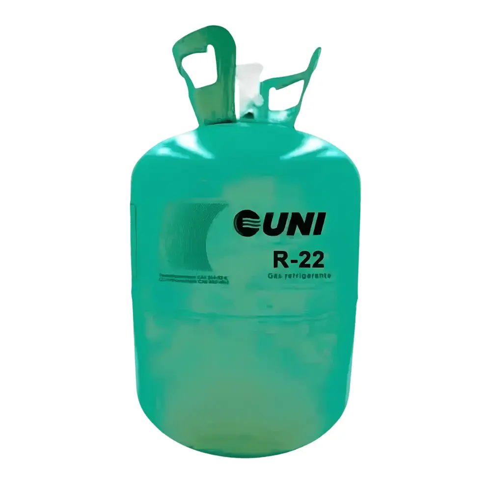 Cilindro de gas refrigerante R-22 de la marca UNI en formato garrafa de color verde sobre fondo blanco, mostrando la etiqueta frontal del producto industrial.
