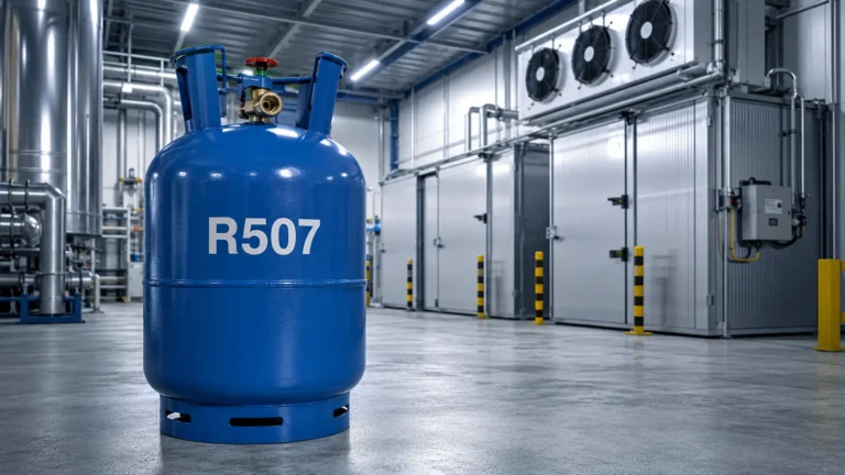 Cilindro azul de gas refrigerante R507 ubicado frente a cámaras de frío industriales en una planta frigorífica.