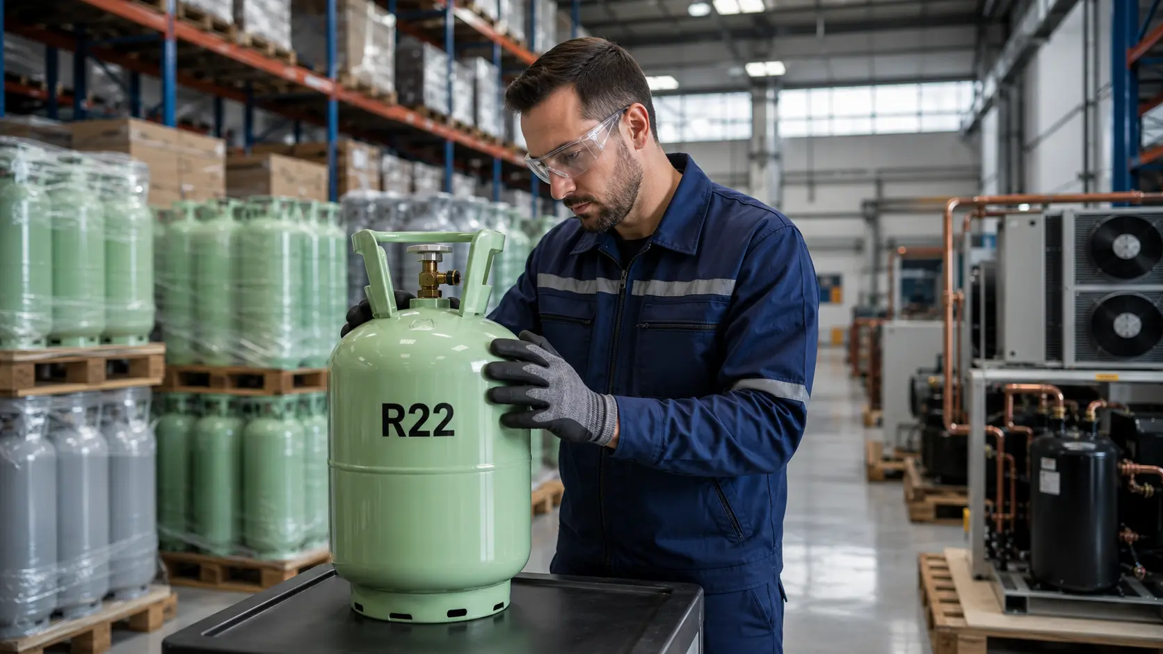 Técnico industrial inspeccionando un cilindro verde de gas refrigerante R22 en un almacén con tanques y equipos de refrigeración.