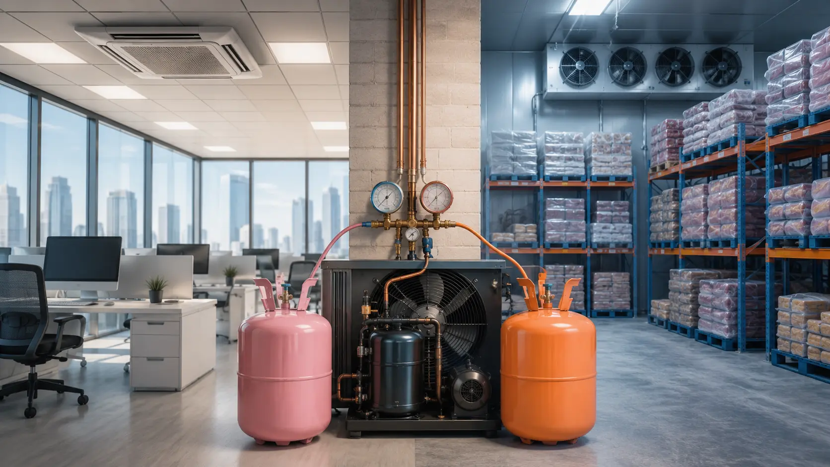Cilindros de gas refrigerante conectados a un sistema de climatización y refrigeración industrial, comparando una oficina moderna a la izquierda y un almacén de congelación a la derecha.